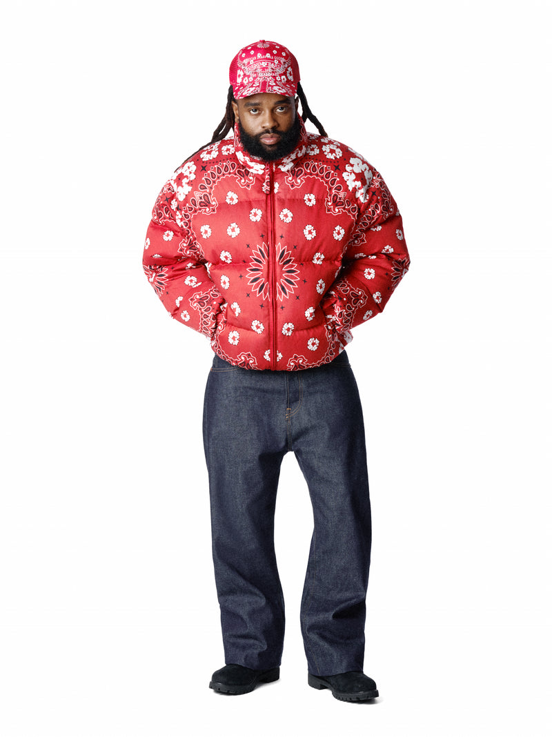 Cotton Wreath Paisley Puffer Jacket Red