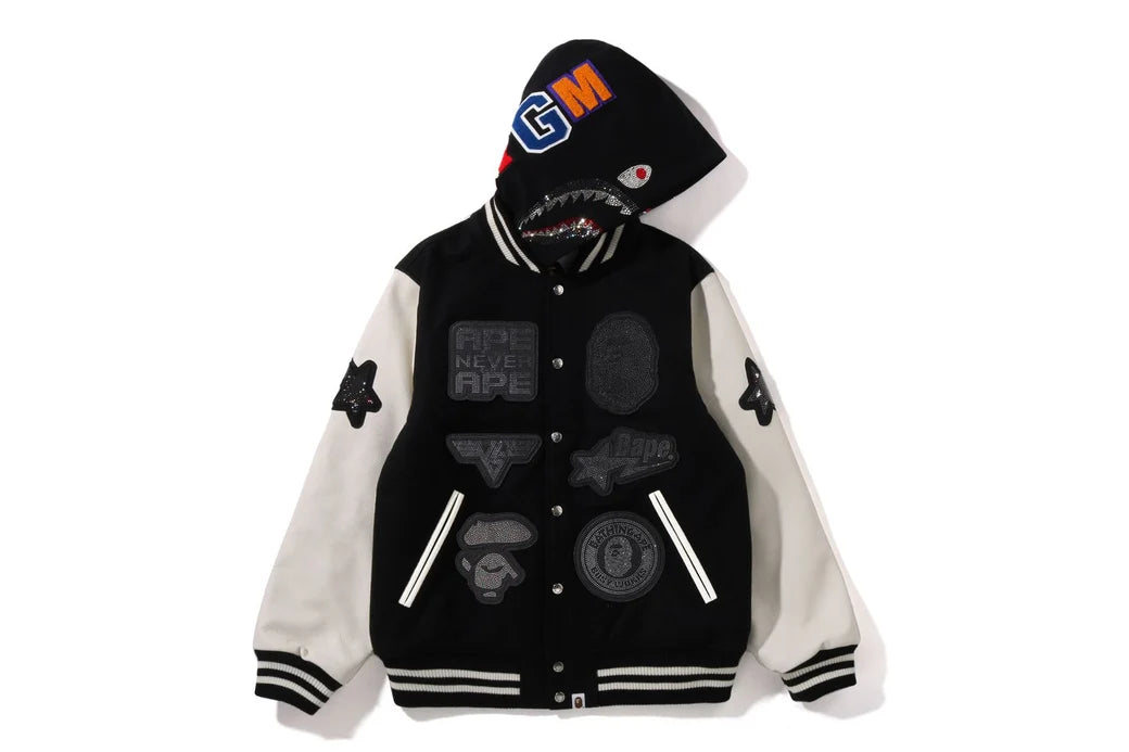 【 BAPE X SWAROVSKI 】DETACHABLE HOODIE VARSITY JACKET