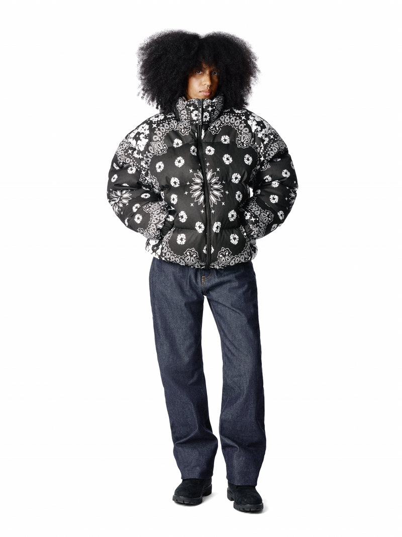 Cotton Wreath Paisley Puffer Jacket Black
