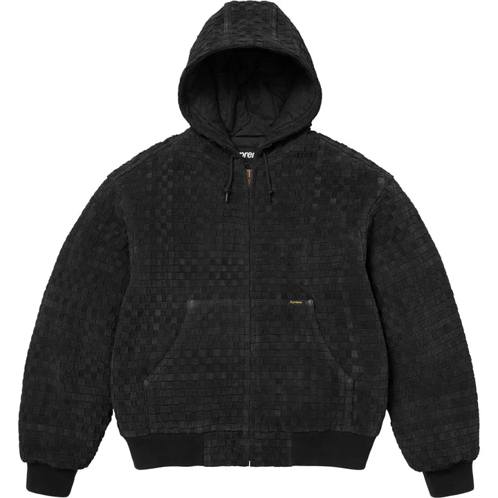 Woven Suede Hooded Work Jacket — Black
