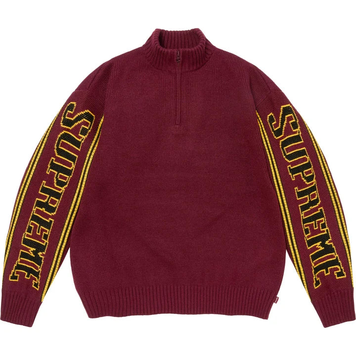 Jacquard Sleeve Half Zip Sweater — Burgundy