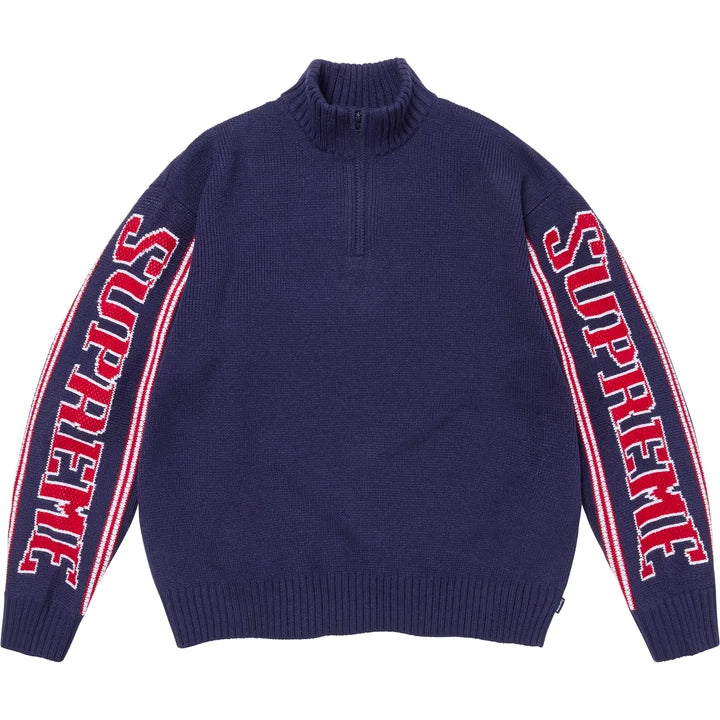 Jacquard Sleeve Half Zip Sweater — Navy