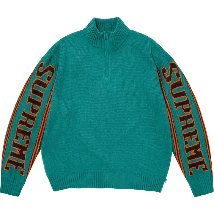 Jacquard Sleeve Half Zip Sweater — Teal